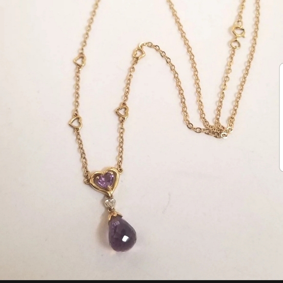 14k Yellow Gold Amethyst Diamond Necklace Teardrop Briolette - Picture 3 of 10